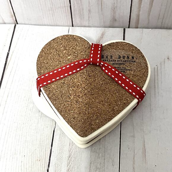 Rae Dunn "Love" Heart Shaped 4 Piece Ceramic Coaster Set NEW By Magenta - Picture 4 of 5